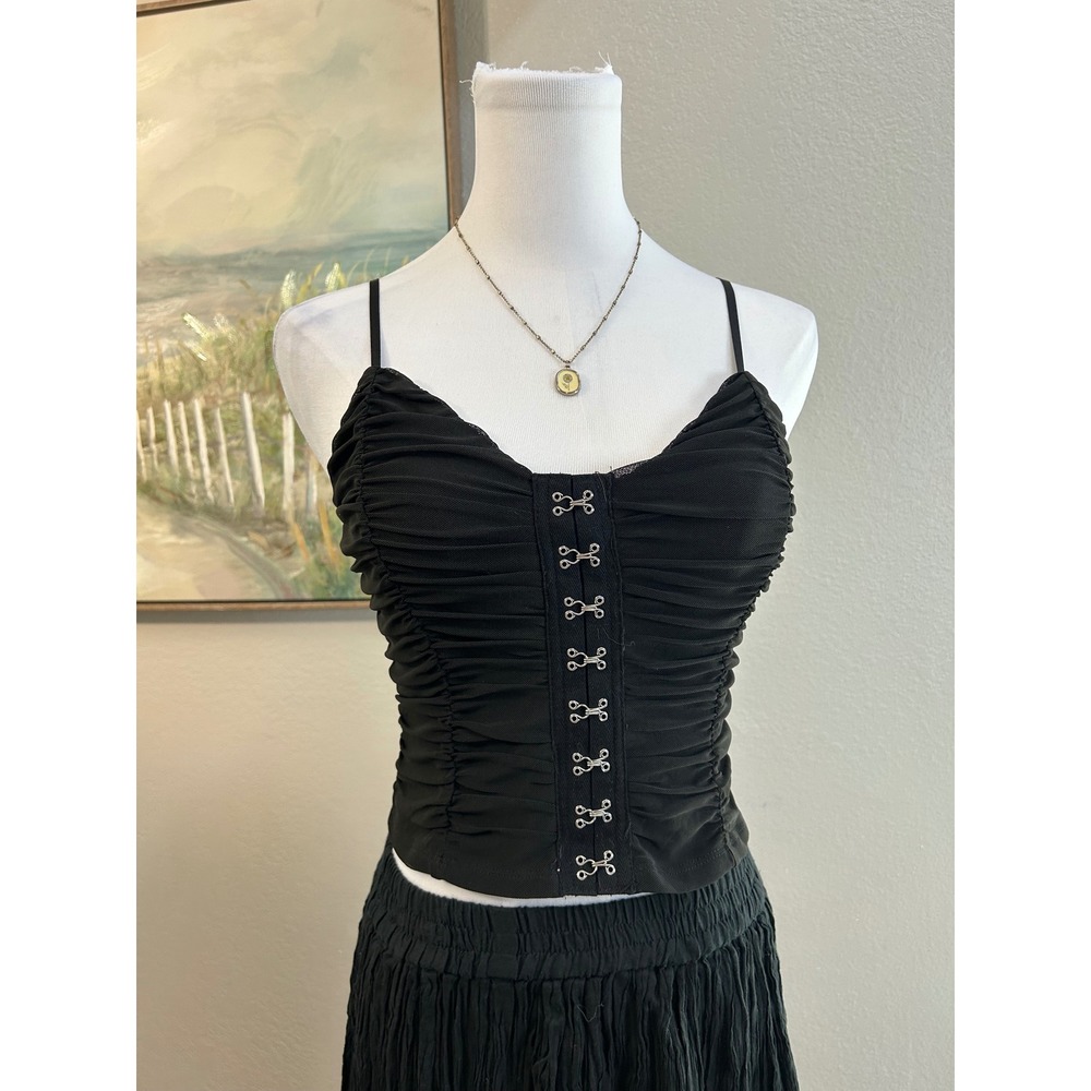 Black Ruched Mesh Hook and Eye Corset Style Camisole Y2K Grunge Top XS
